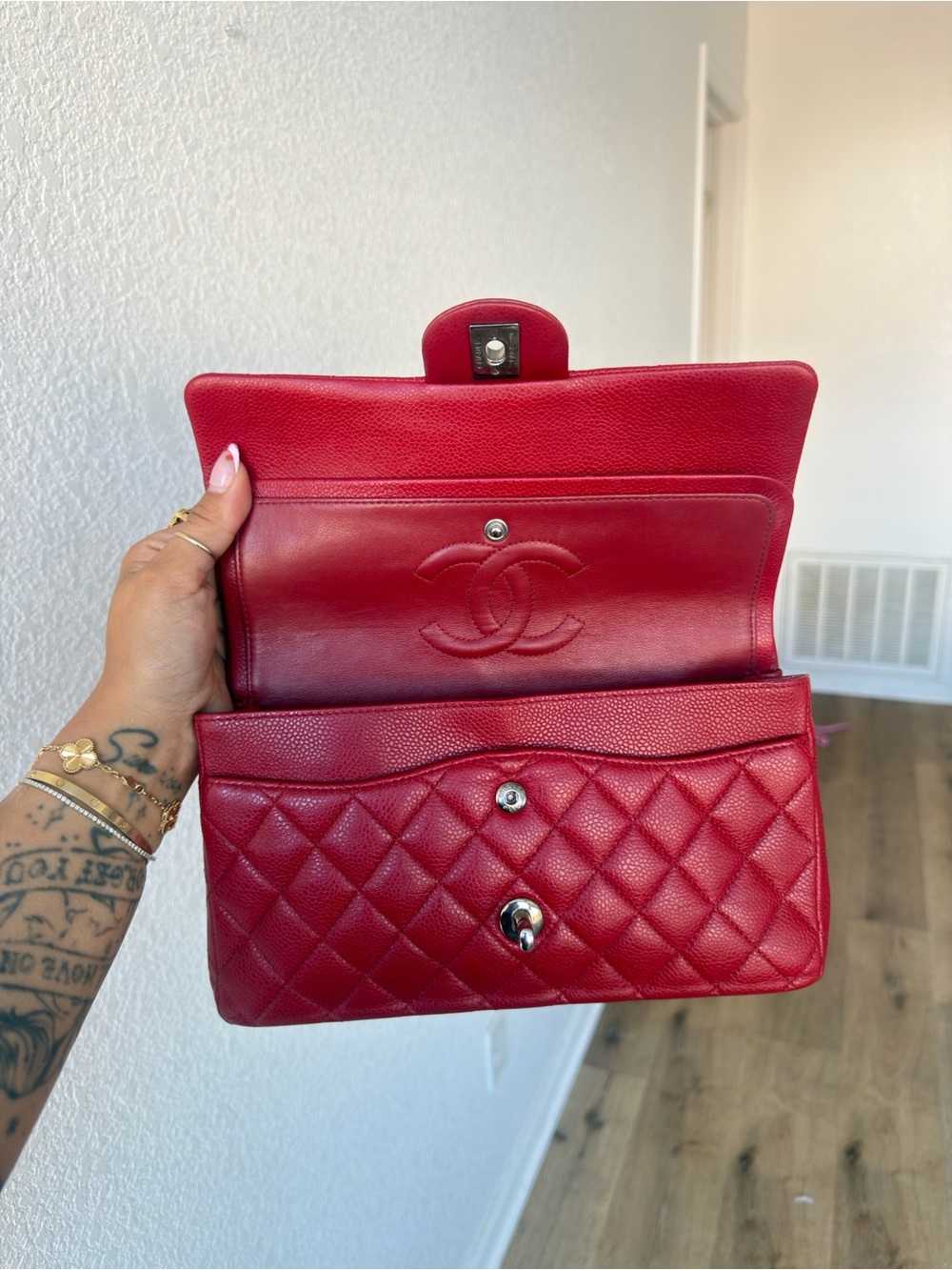 Medium CHANEL Double Flap Red with Silver Hardware - Picture 6 of 11